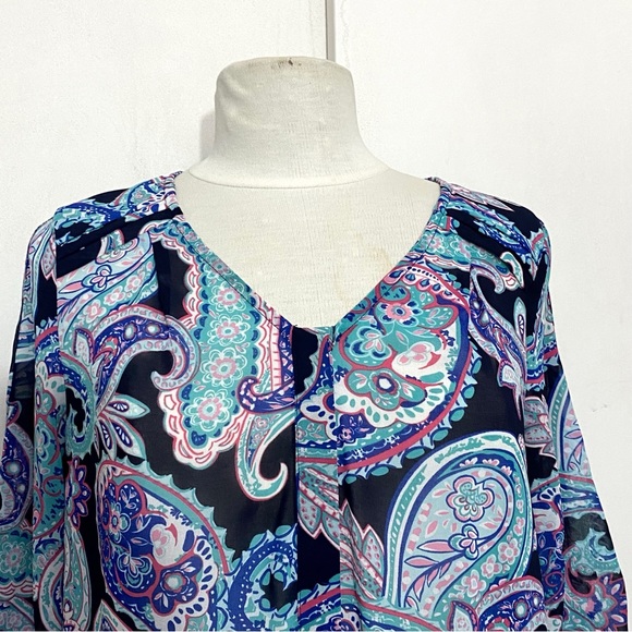 SKIES ARE BLUE paisley print sheer polyester ruched sleeves tuck shoulder top S - Picture 2 of 8